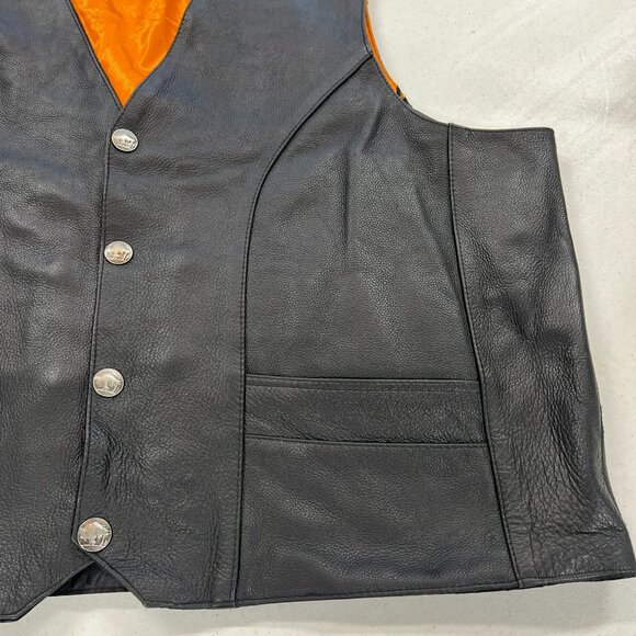 Milwaukee Mens 54 Black Premium Leather Biker Riding Vest Orange Lined V-Neck 3X - Picture 7 of 11